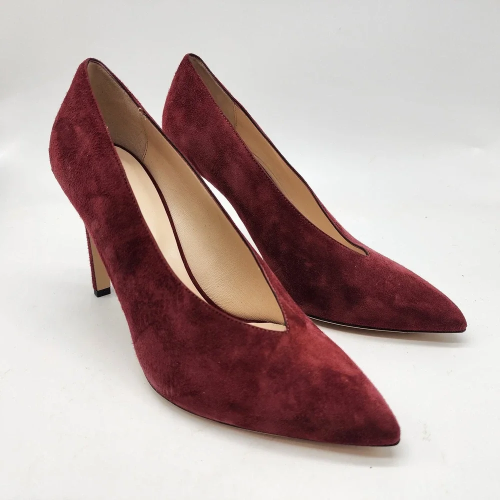 M. Gemi V-Cut Pumps Women's 37.5 Burgundy Suede V-Vamp Pointed Toe Stiletto
